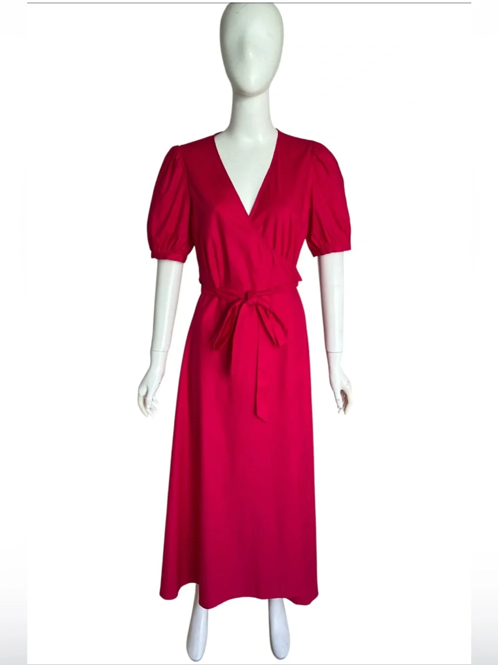NWT Reformation Kaelie Wrap Midi Dress Puff Sleeves V-neck Pink Organic Cotton M - Picture 3 of 12